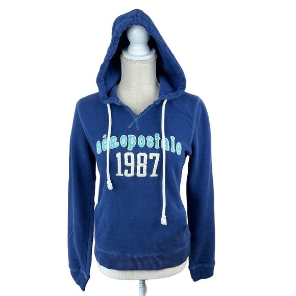 Aeropostale Y2K Embroidered Logo Applique Hoodie Womens Size L Blue Pockets Stre - Picture 1 of 13